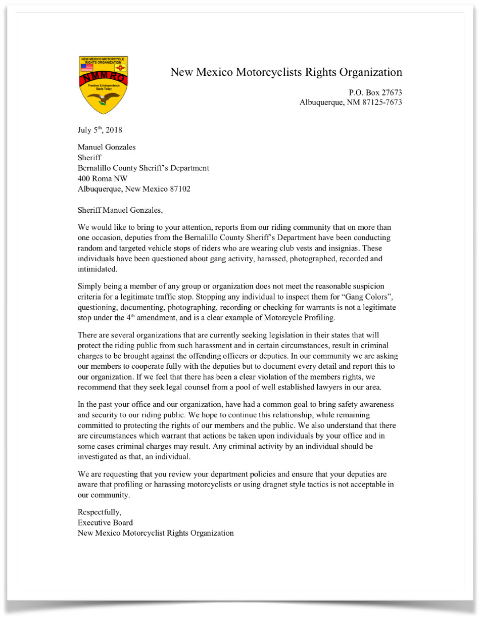 NMMRO Letter to Bernalillo County Sheriff's Department