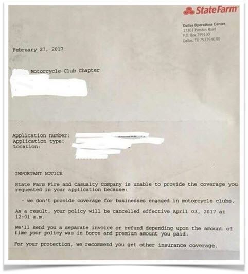 Letter from State Farm mentioning they do not provide coverage for business engaged in Motorcycle Clubs