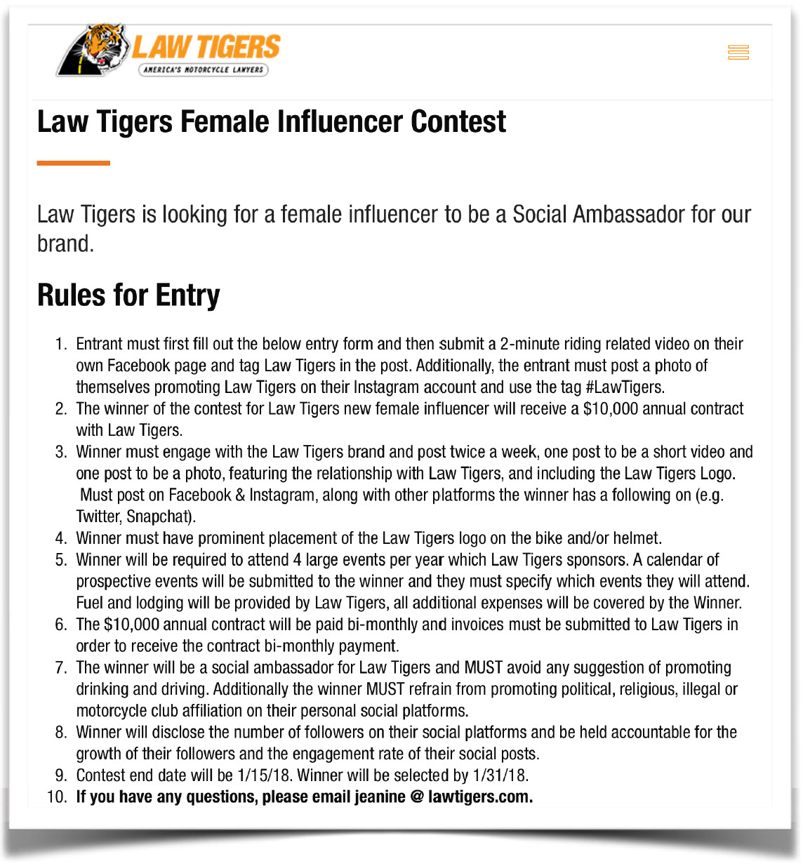 Law Tigers Contest Post Rules